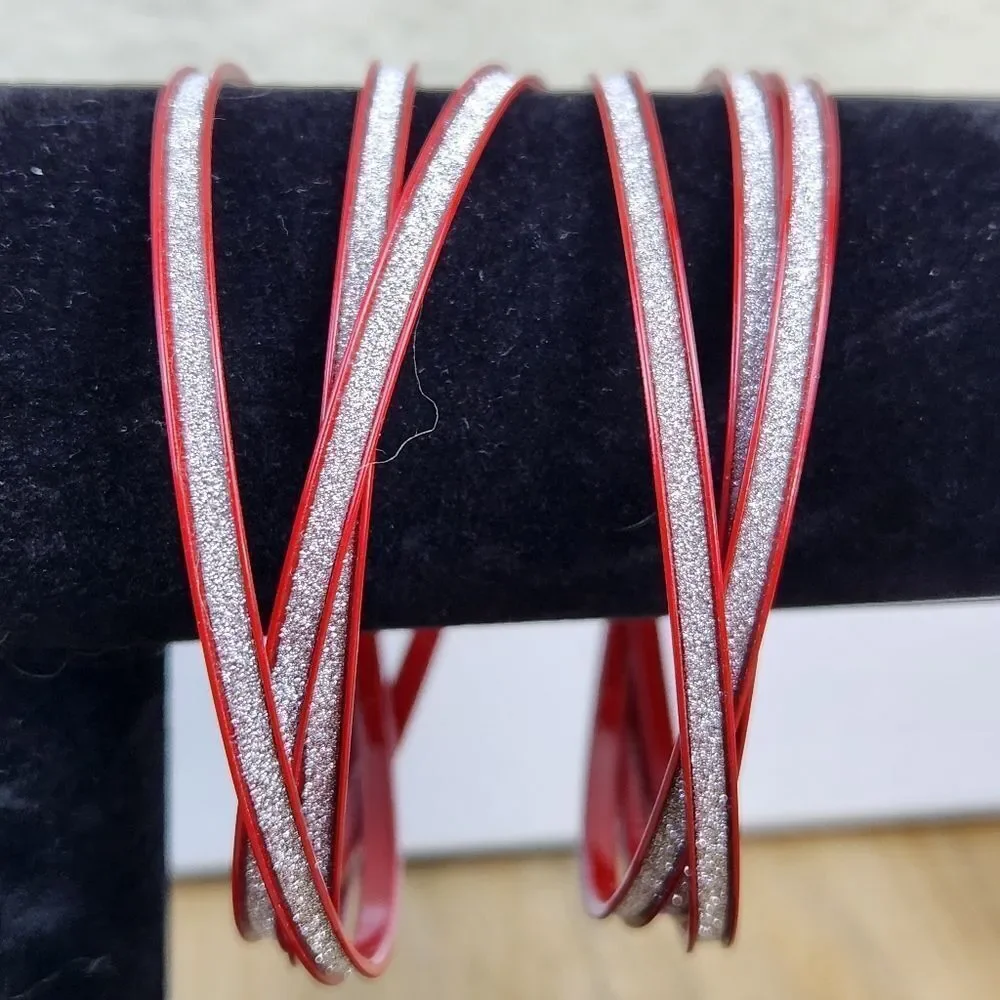 💜Sparkly Red & Silver Sparkly Stackable Metal Bangle Bracelet Set - Picture 5 of 6